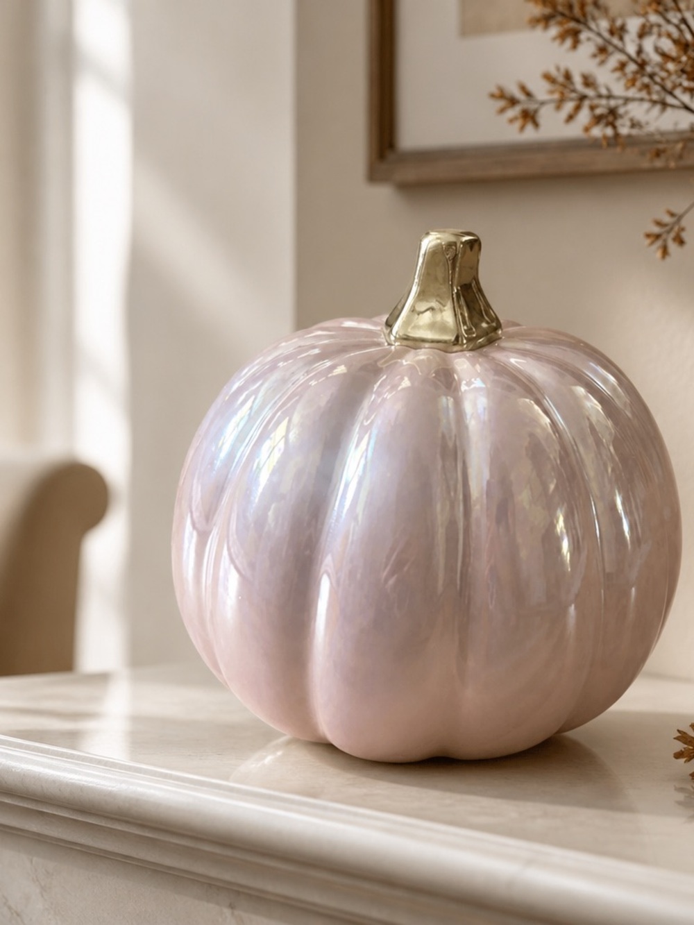 Iridescent Pink Ceramic Pumpkin with Gold Stem - Decorative Home Accent